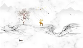 梅花鹿树飘带大理石底纹背景墙图片