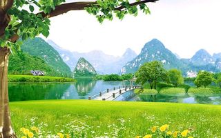 自然风景山水画大树背景墙图片