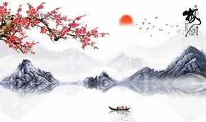中式水墨梅花山水背景图片