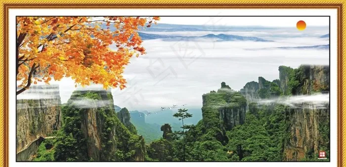 巅峰日出山水画图片cdr矢量模版下载