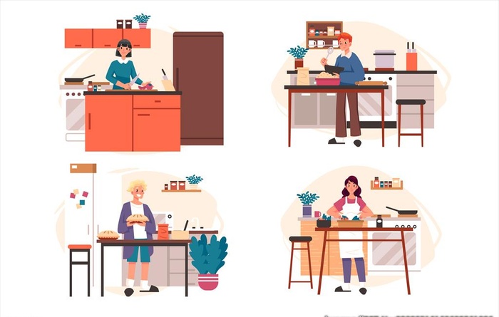 家庭厨房场景矢量插画图片