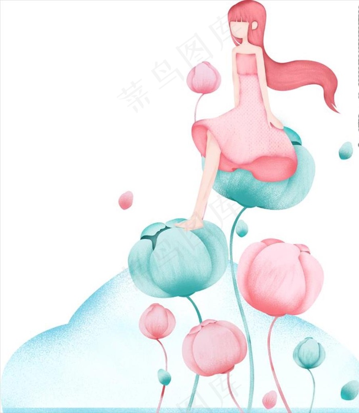 花与少女手绘插画元素图片