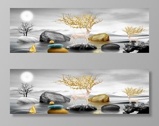 麋鹿发财树金色山水装饰画图片