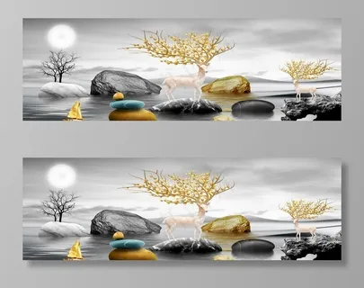 麋鹿发财树金色山水装饰画图片 麋鹿发财树金色山水装饰画图片