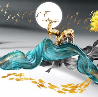 麋鹿山水意境装饰画图片