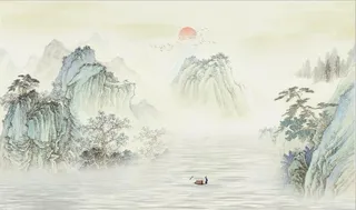 中式青绿山水国画电视背景墙图片