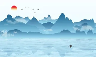 蓝色水墨山水画背景墙图片