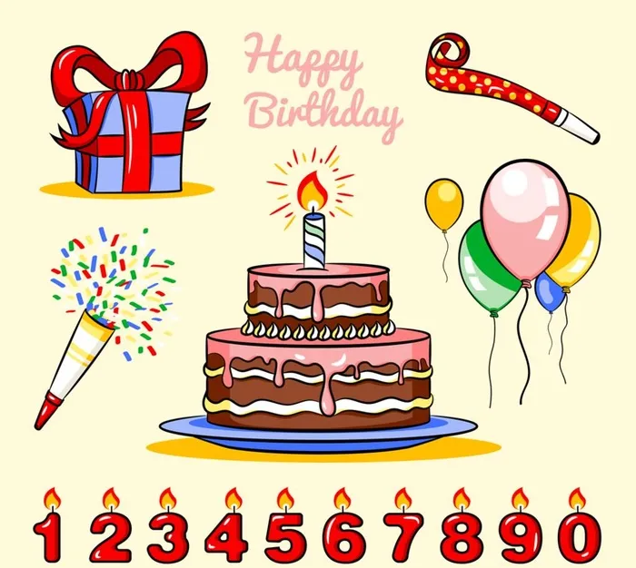 5款彩绘生日元素和10个数字蜡图片ai矢量模版下载