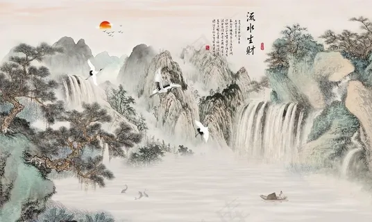 流水生财意境山水水墨国画图片 流水生财意境山水水墨国画图片