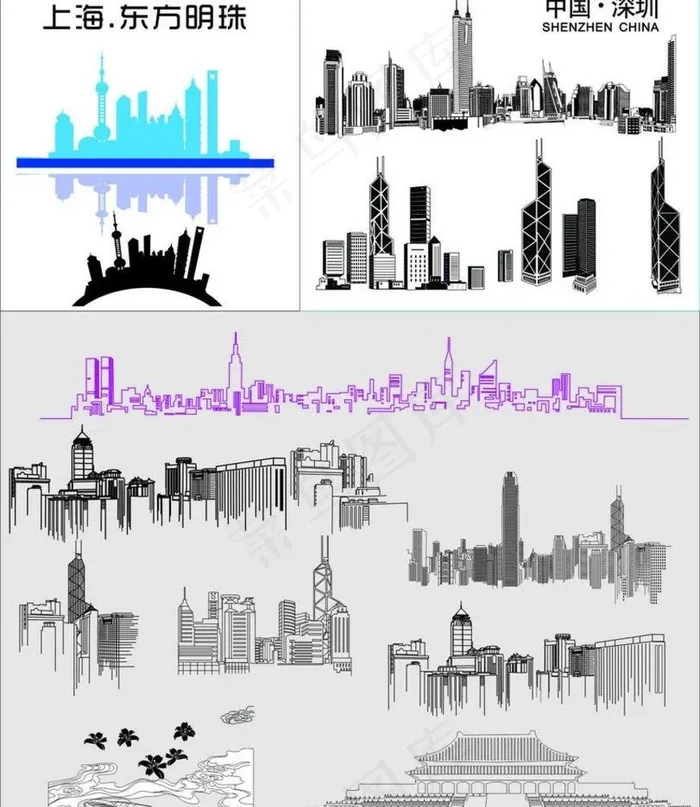 城市线稿图图片cdr矢量模版下载