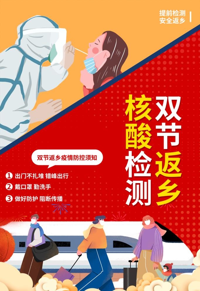 核酸检测双节返乡卡通海报图片(1575x2362)psd模版下载
