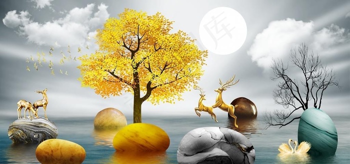 金色麋鹿山水发财鹿晶瓷画图片(9449x4724)psd模版下载