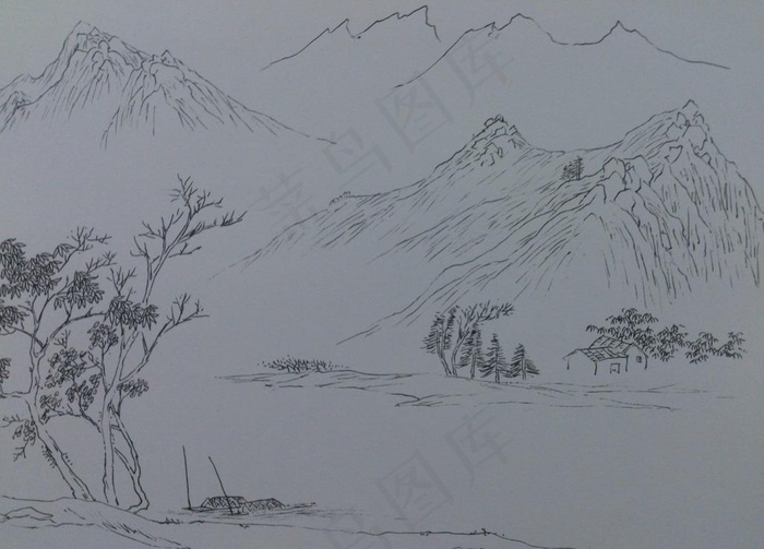 线描山水画图片