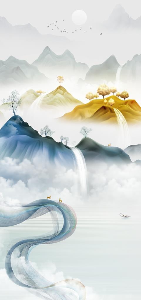 现代抽象山水麋鹿装饰画背景墙图片(3402x6803)psd模版下载
