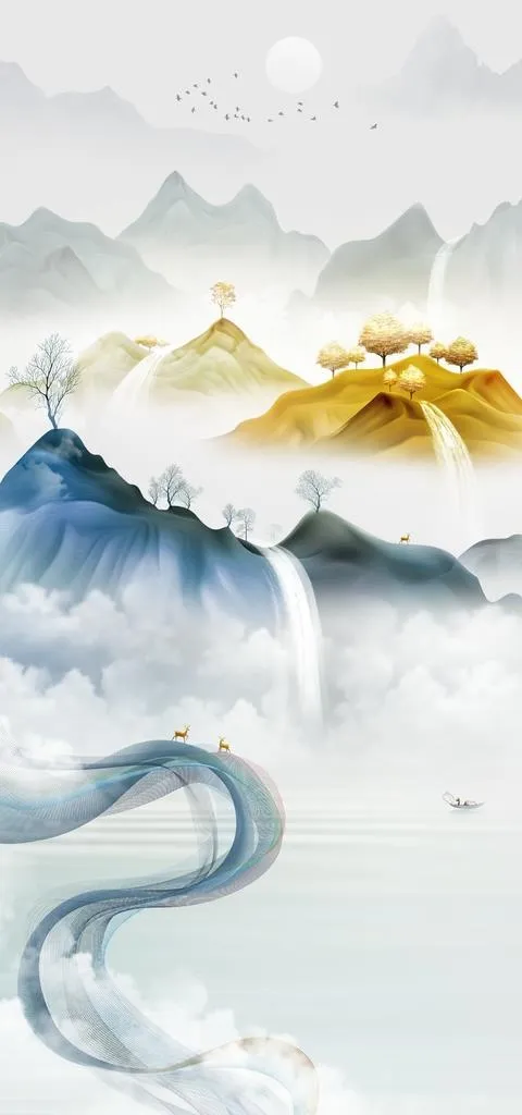 现代抽象山水麋鹿装饰画背景墙图片(3402x6803)psd模版下载