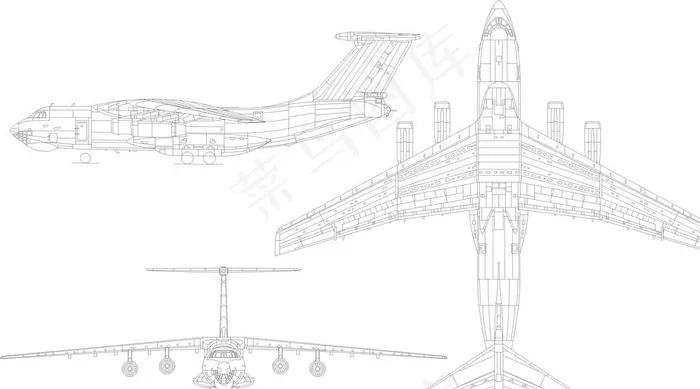 俄战略运输机伊尔76三视图线稿图片ai矢量模版下载