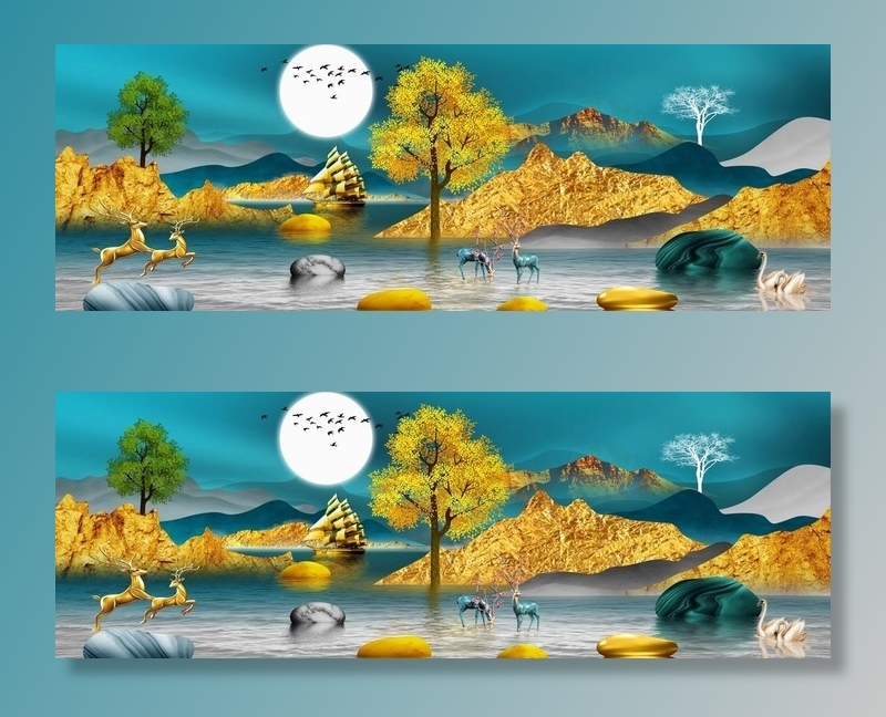 金色麋鹿山水发财鹿装饰画图片(9449x3544)psd模版下载