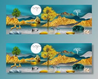 金色麋鹿山水发财鹿装饰画图片