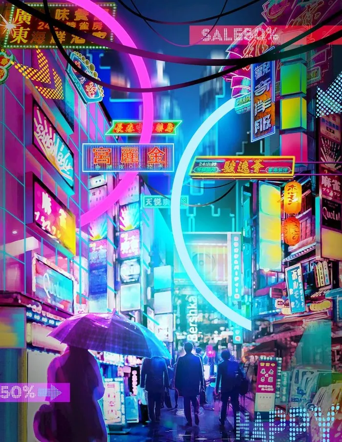 香港夜市 赛博朋克插画图片(3543x4724)psd模版下载