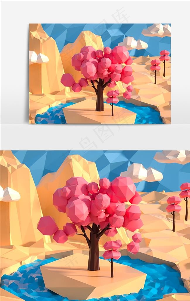 卡通Lowpoly粉色树模型图片