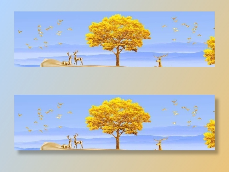 麋鹿飘带金色山水意境晶瓷画图片(10630x4724)psd模版下载