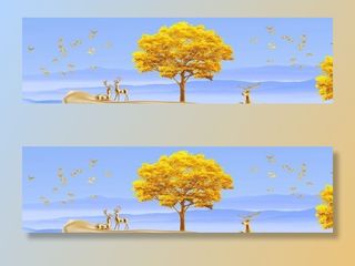 麋鹿飘带金色山水意境晶瓷画图片