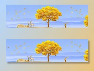 麋鹿飘带金色山水意境晶瓷画图片