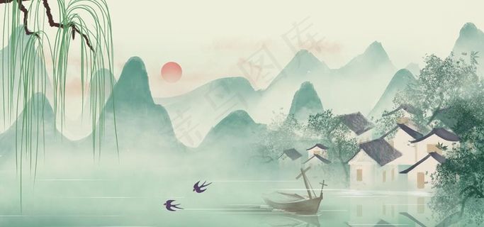 水墨画春天江南水乡插画海报图片