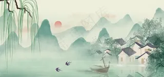 水墨画春天江南水乡插画海报图片