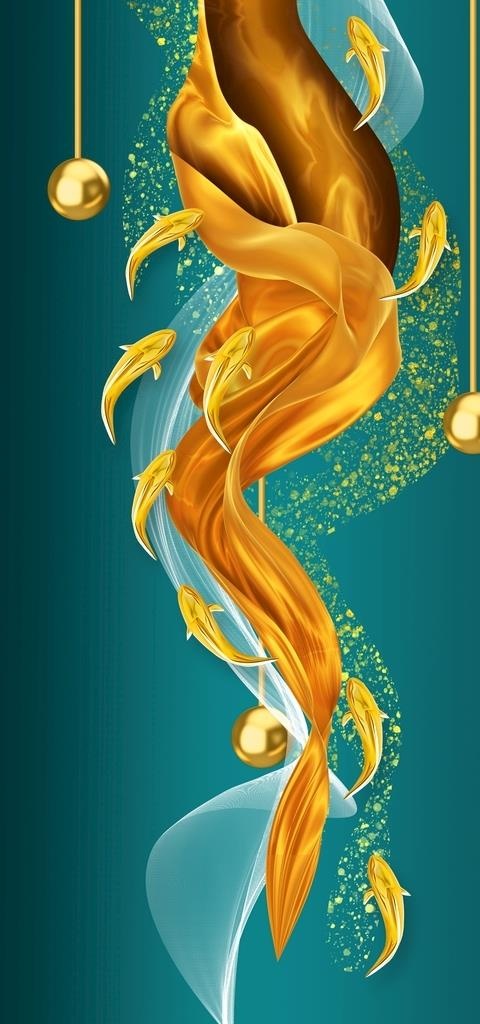 飘带九鱼图年年有鱼几何装饰画图片