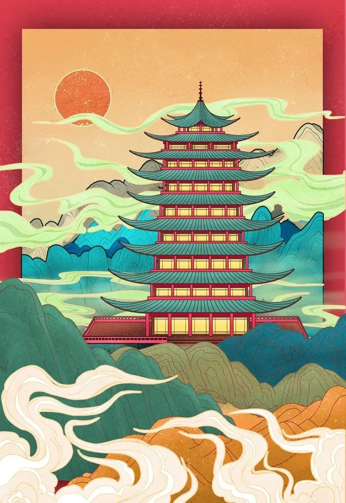 中国风古典国潮古建筑插画模板图片(1701x2551)psd模版下载