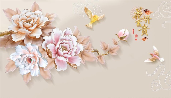 浮雕花 花开富贵 牡丹 背景墙图片(3200x2000)psd模版下载