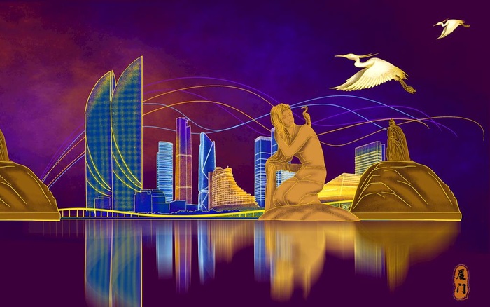 厦门手绘烫金城市图片