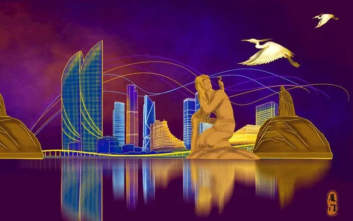 厦门手绘烫金城市图片(3500x2300)psd模版下载