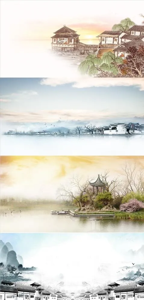手绘古风江南风景展板背景图片