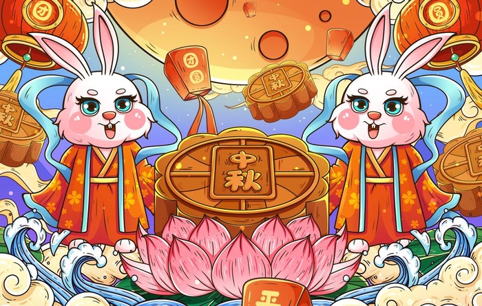 八月十五中秋节玉兔月饼插画图片