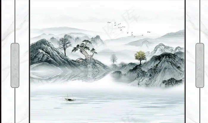 水墨画山水画松树小船背景墙图片psd模版下载