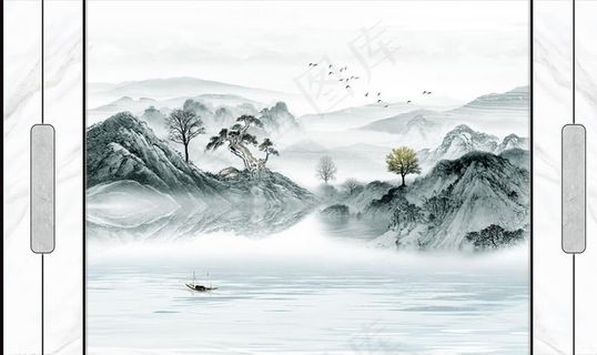 水墨画山水画松树小船背景墙图片
