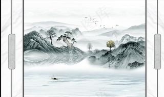 水墨画山水画松树小船背景墙图片