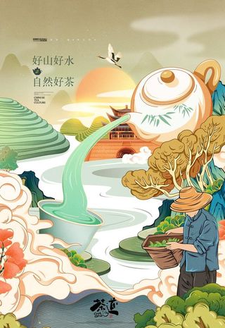 茶插画国潮风养生茶茶叶海报图片