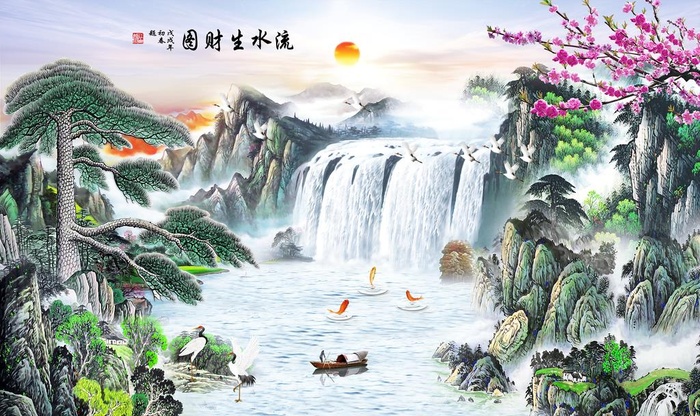 流水生财 油画背景图片(9071x5669)psd模版下载