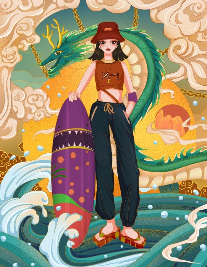 国潮时尚人物插画图片