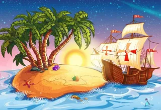 孤岛帆船插画图片