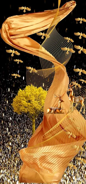 丝带金色麋鹿意境山水装饰画图片