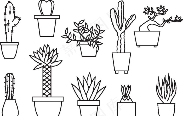 卡通盆栽简笔画矢量图图片
