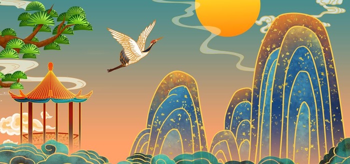 国潮风中国山水插画图片(4000x2000)psd模版下载