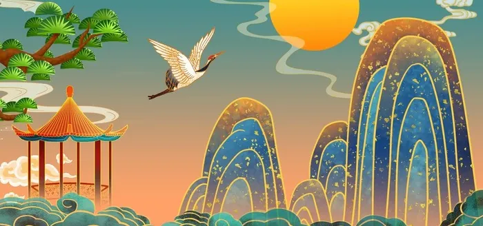 国潮风中国山水插画图片(4000x2000)psd模版下载