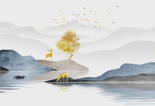 麋鹿意境山水装饰画图片