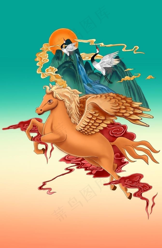 手绘飞马旭日仙鹤背景图片
