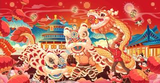 虎年舞狮国潮海报图片